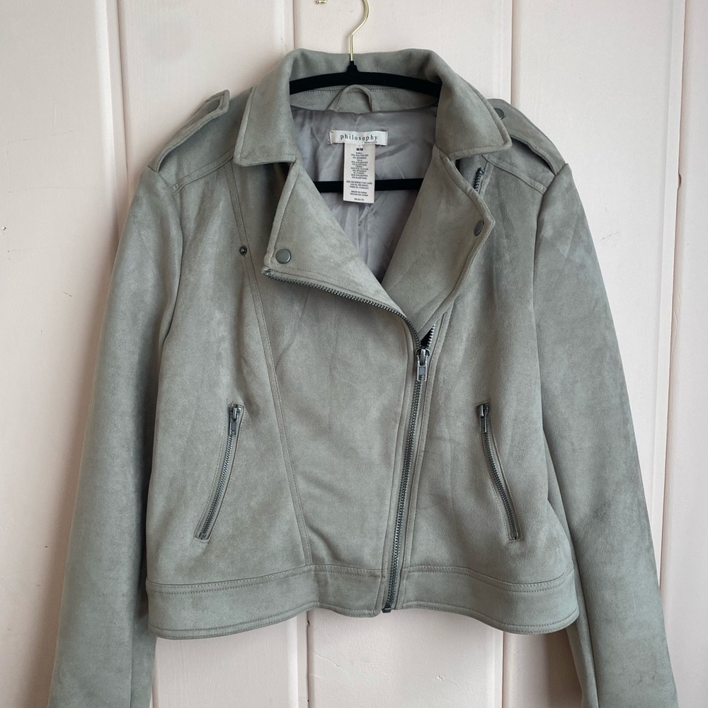 Philosophy Gray Stone Ultrasuade Moto Jacket with Silver hardware Sz medium